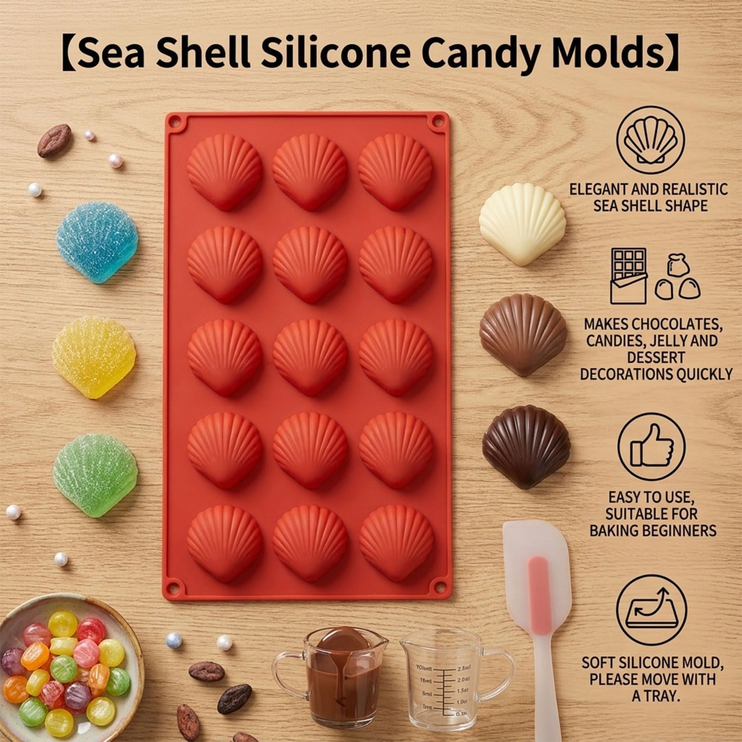 15 Cavity Sea Shell Silicone Candy Molds For Candy Chocolate Cake Topper