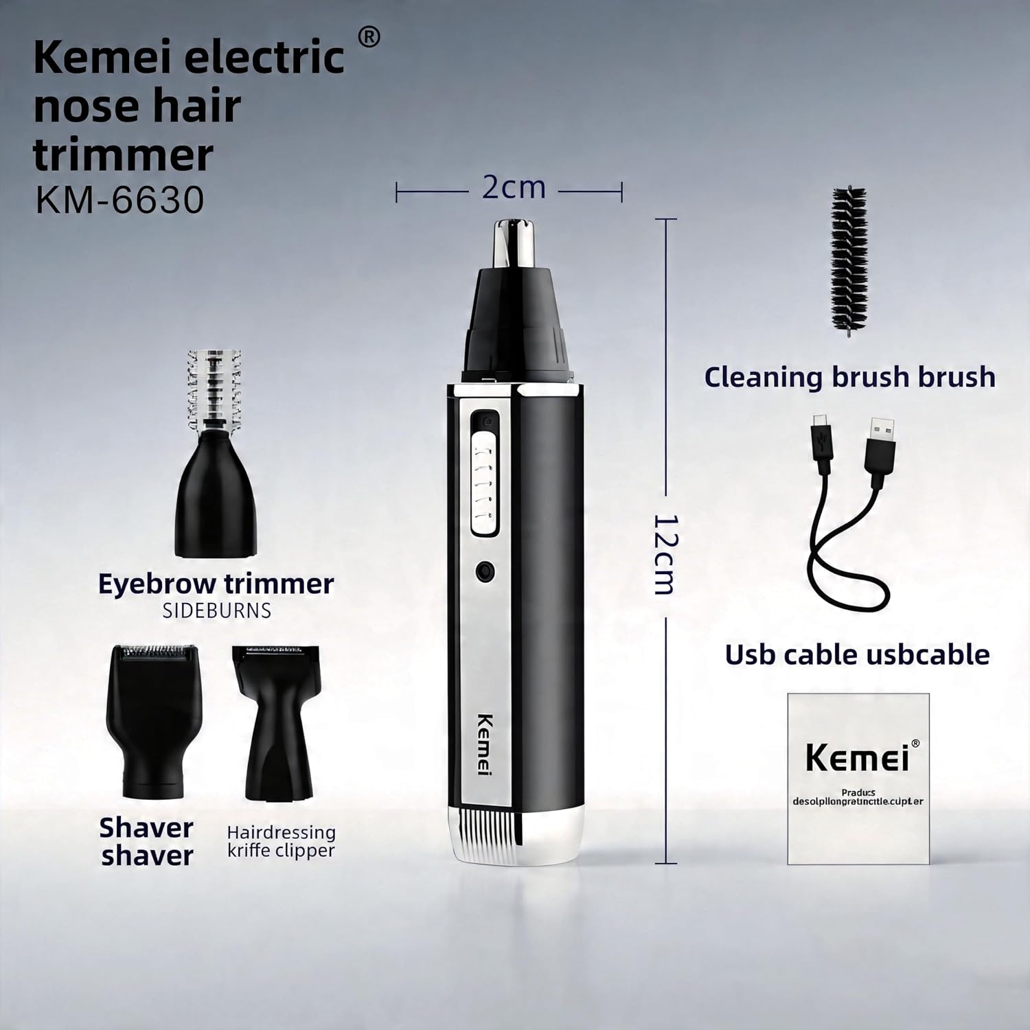 KEMEI 4-in-1 Nose Hair Trimmer for Men, Rechargeable Painless Eyebrow Ear & Beard Trimmer, IPX5 Waterproof Stainless Steel Blades with USB KM-6630