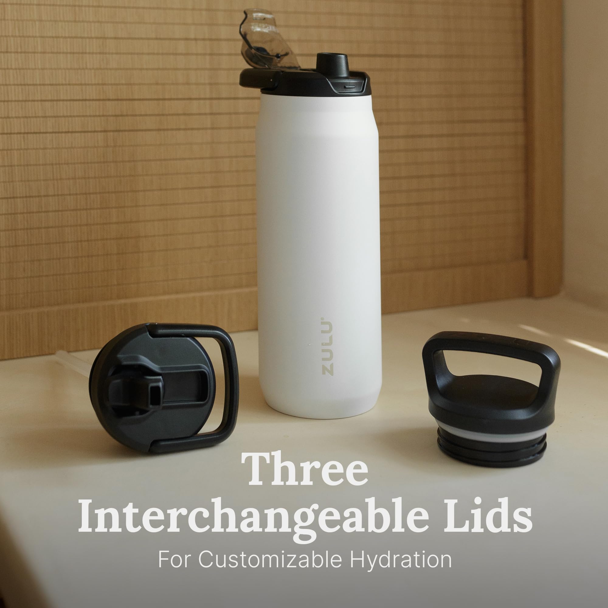 ZULU Base - Botella de agua de acero inoxidable de 24 onzas con 3 tapas, pajilla, chug, giratoria, termo de metal de doble pared y aislamiento al vacío, se adapta al portavasos de automóvil, con asa