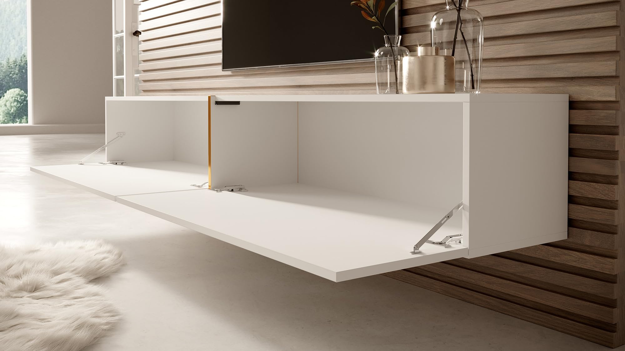 Selsey Meuble TV Armoire De Télévision 200 cm Suspendu Salle De Séjour Chambre À Coucher Blanc avec Insert Doré Bisira