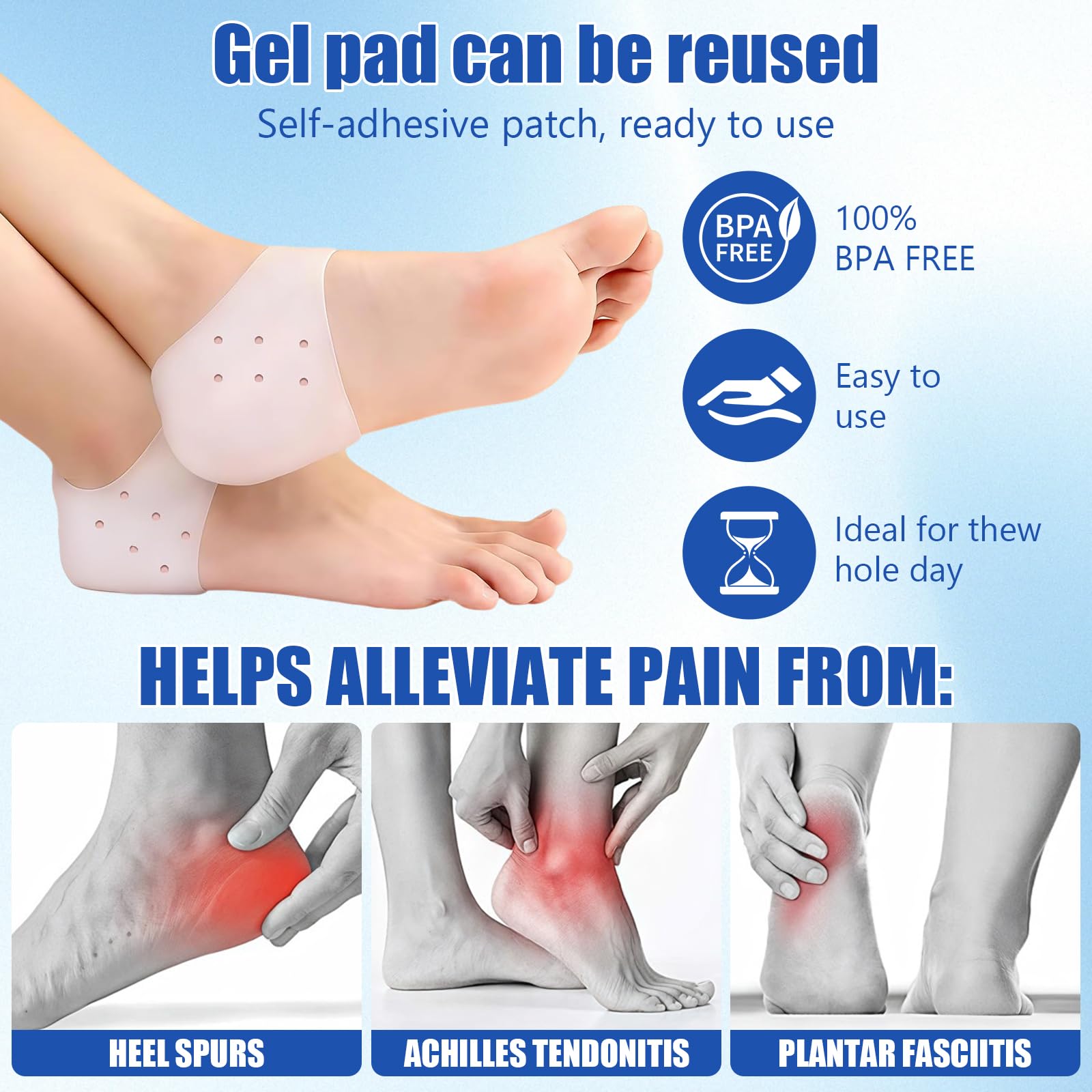 3 Pares Transpirables Protector De Silicona Para TalóN +10 Piezas Tiritas Taloneras, Calcetin Taloneras De TalóN Hidratantes, Contra Deslizamientos Y Frotamientos, Alivia PresióN Plantar, Blanco