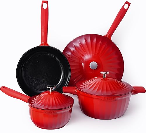 Lebof - Juego de utensilios de cocina de cerámica antiadherente (7 piezas)  Juego de ollas y sartenes de aluminio fundido en titanio con tapas, sin