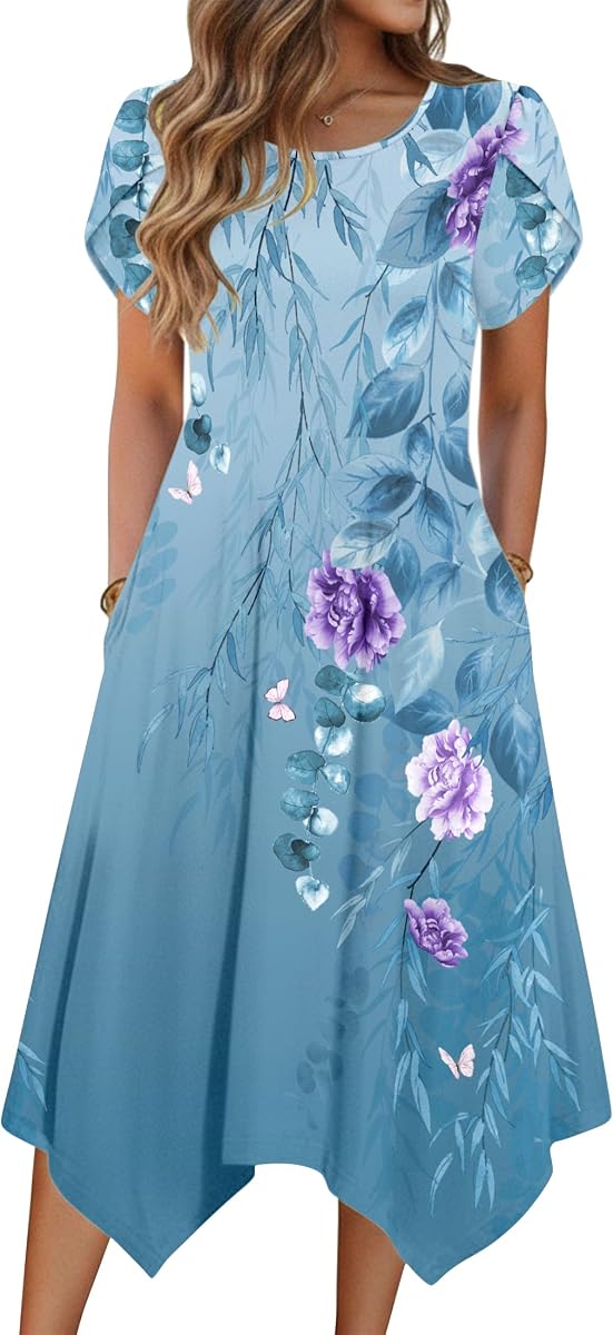 Zeagoo Womens Casual Dress for Summer Loose Hankerchief Flare Midi Sundress | Floral Print, Boho Style, Short Petal Sleeves, A Line,Crew Neck, Side Pockets, Asymmetrical Hem, for Beach, Casual, Wedding