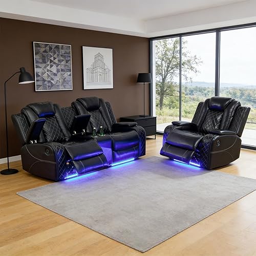 Miniatura 47 de Juego de sofá reclinable eléctrico para sala de estar, juego de sofá reclinable de cuero con luces LED, puertos USB, almacenamiento oculto, juego de