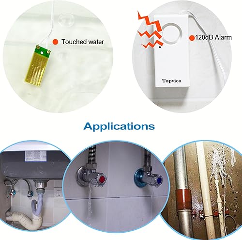 Miniatura 2 de Topvico Detector de fugas de agua, sirena fuerte de 120 dB, alimentado por batería de 9 V (no incluida), sensor de alarma para calentador de agua de