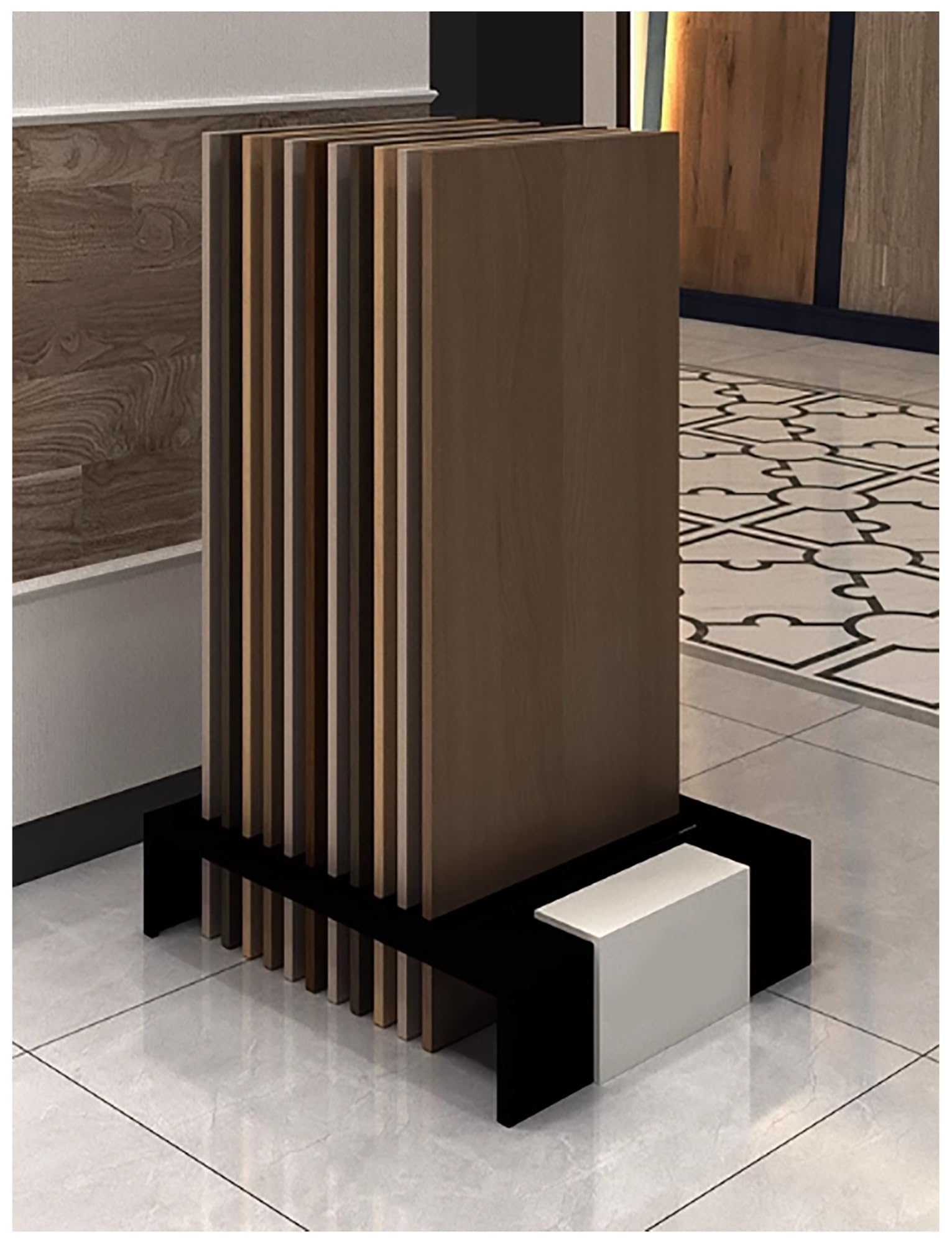 NIUSABOU Floor Tile Display Stand, Tile Sample Display Rack, Metal, Vertical Floor Stand, 12 Card Slots, Black and Cream(Cream)