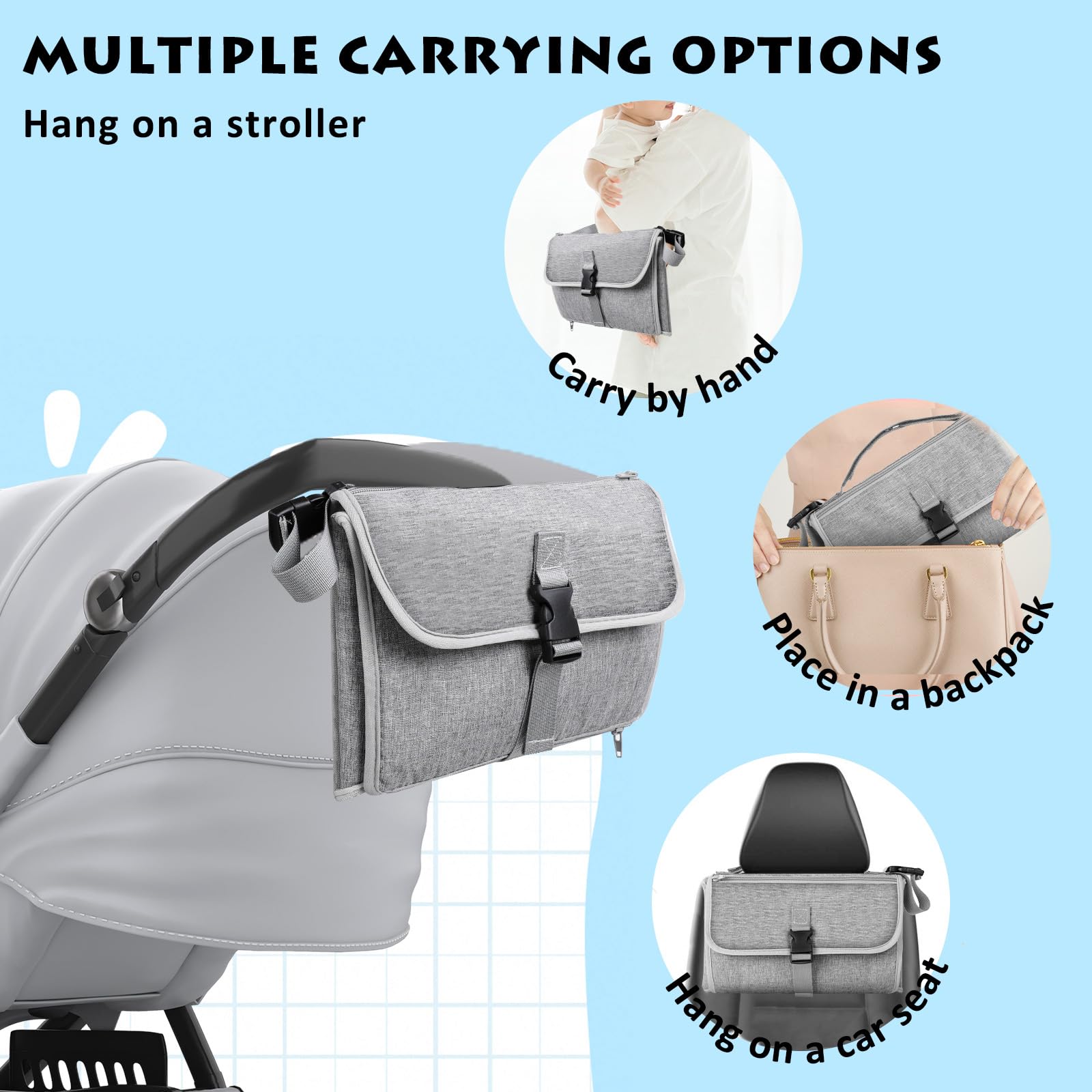 Romon Cambiador Para Viajes Portátil Plegable Gris Impermeable 0-3 Meses Desmontable Con Multiples Compartimentos Para Salidas Y Viajes