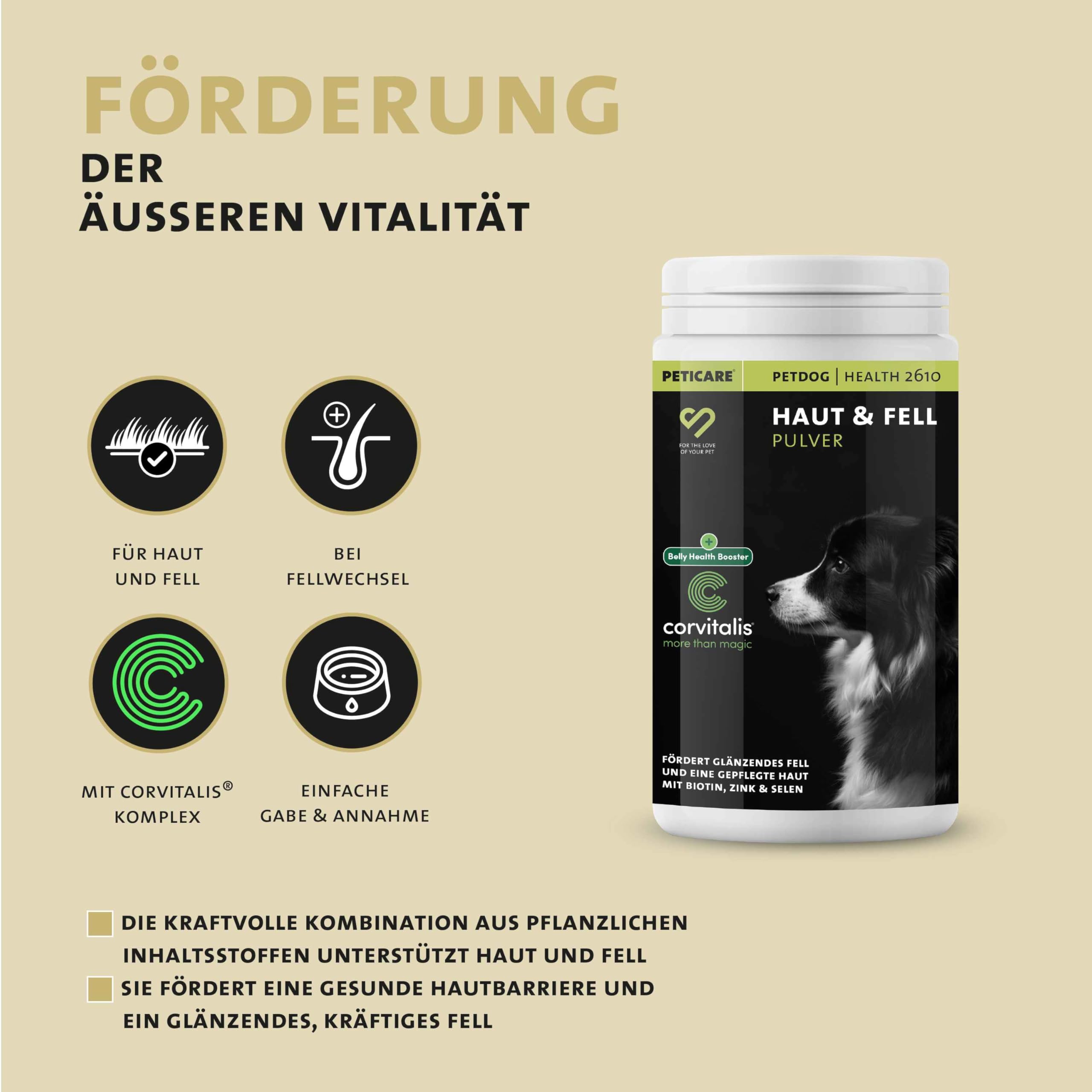 Peticare Haut & Fell Pulver für Hunde | Unterstützt Hautgesundheit & glänzendes Fell | Mit Bierhefe, Omega-3 & Biotin | Natürliches Ergänzungsfutter | petDog Health 2610