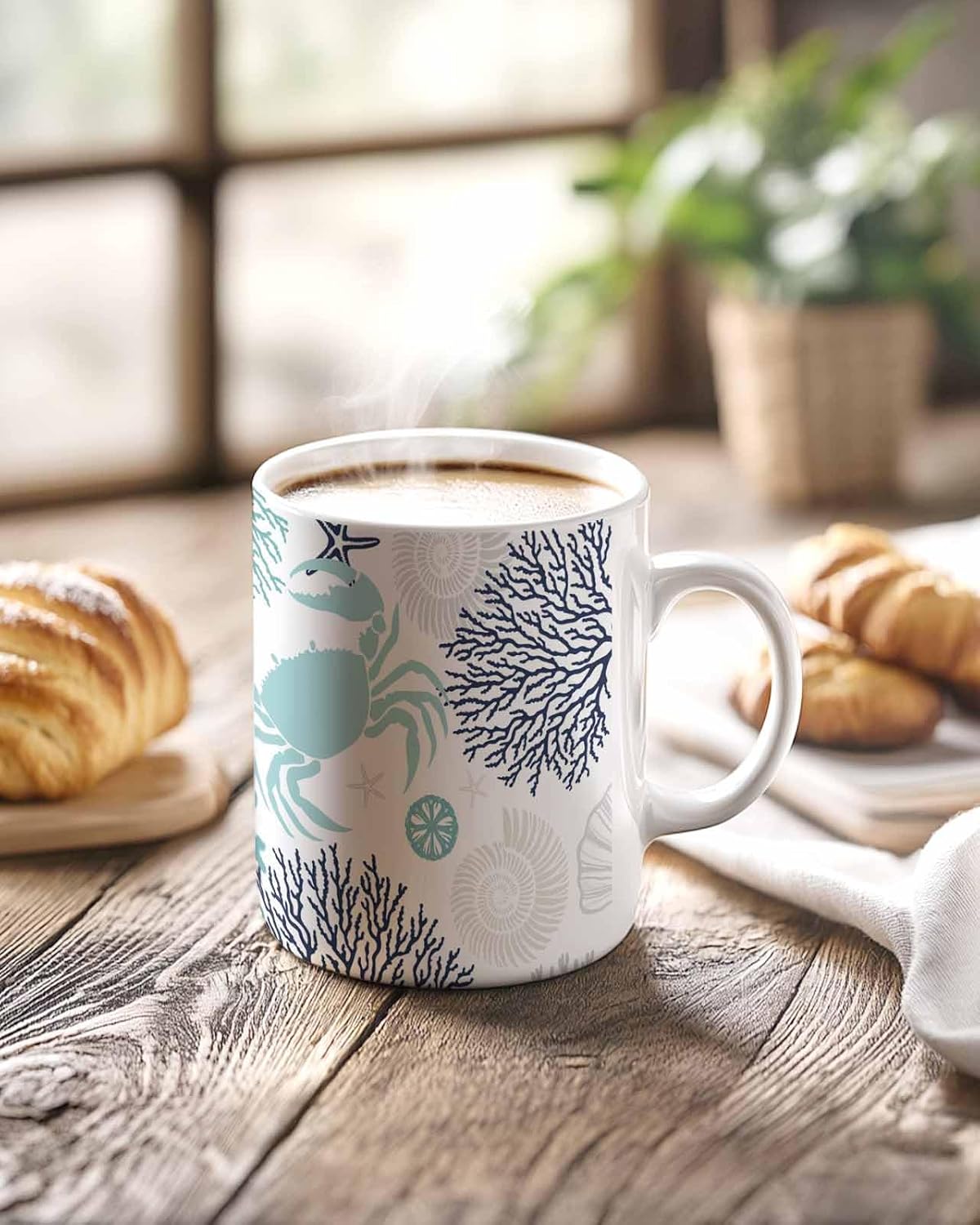 BEMIGO Ceramic Coffee Mug Ocean Ceramic Mug White Cup, Teal Navy Crab Coral Starfish Insulated Coffee Cup with Handle with Pattern Perfect for Tea and Hot Beverages, 12oz