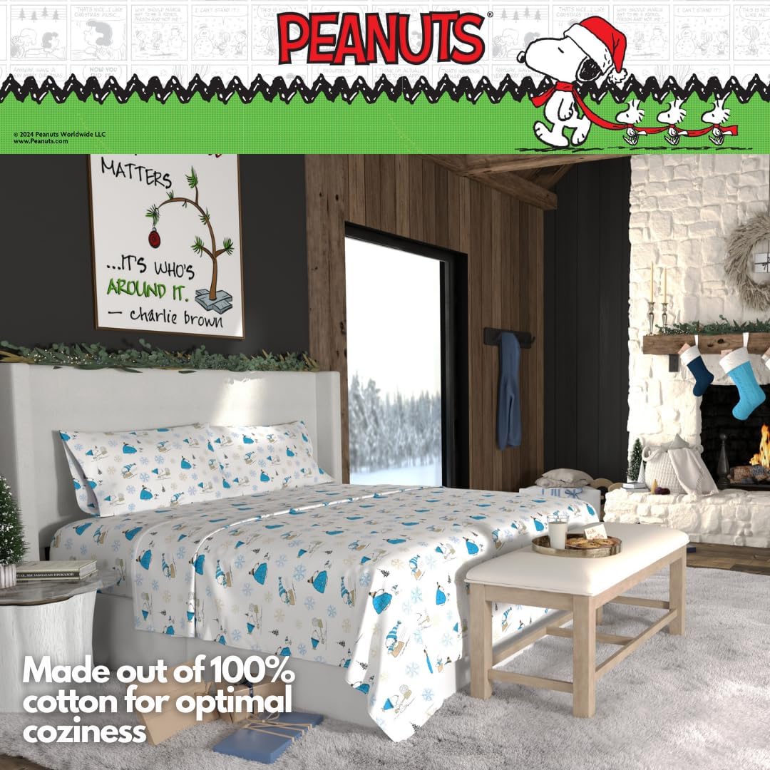 Franco Peanuts Snoopy Puffer Coat Holiday & Christmas Bedding Super Soft 100% Cotton Flannel Sheet Set, King, (Officially Licensed Product)