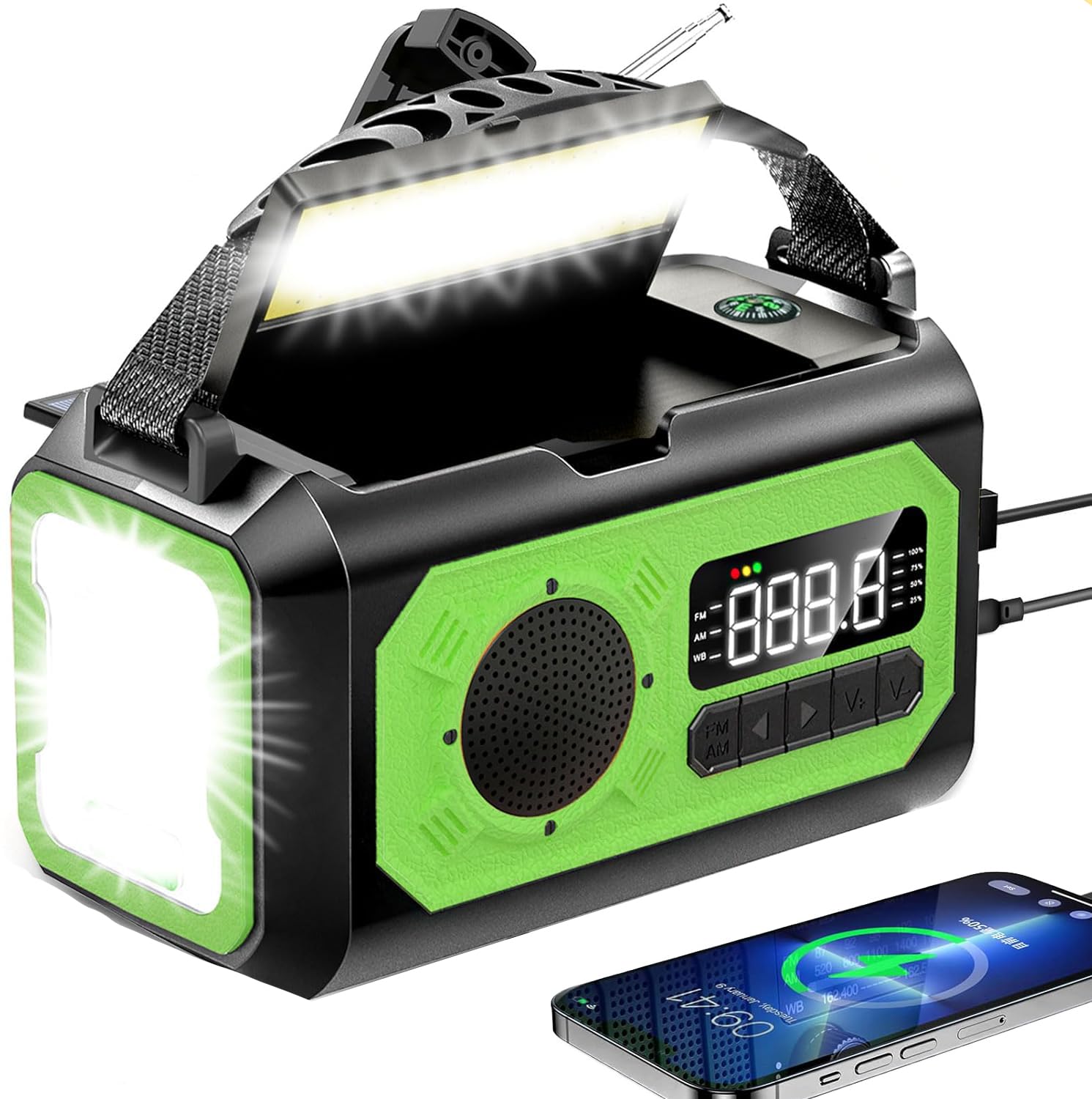 Radio Météo d'urgence 12 000 MAh, Radio AM Portable à Manivelle, Radio Alimentée par Batterie Solaire Rechargeable avec Chargeur et Adaptateur USB-C, Lampe de Poche D'alerte SOS