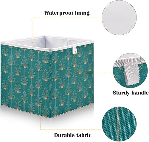 Miniatura 4 de Cubo de almacenamiento de pavo real verde, cubos de almacenamiento plegables de tela de 11 x 11 x 11 pulgadas, canastas de almacenamiento portátiles