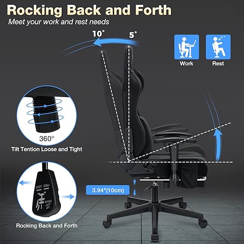 Miniatura 9 de HOFFREE Silla de juegos de tela de gamuza con cojín de resorte de bolsillo, sillas de juegos de masaje con reposapiés, sillas de juego reclinables