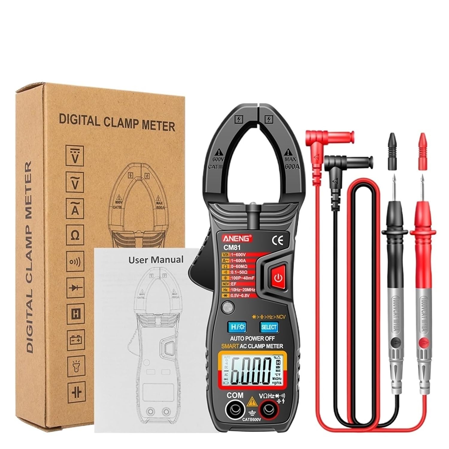CM80/CM81 Digital Clamp Meter AC Current Multimeter Ammeter Voltage Tester Hz NCV Ohm Test Professional Multimeter Clamp(CM80 Black with Box)