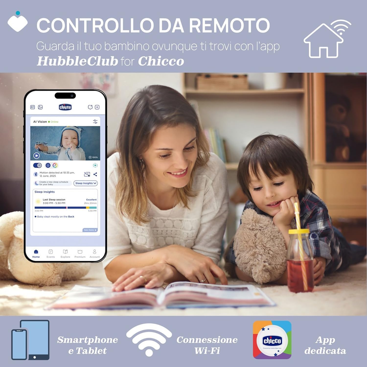 Chicco Wideo Baby Monitor Wi-Fi Smart AI, kamera 2K UHD z nocnym widzeniem na podczerwień, dedykowana aplikacja, wielokolorowe światła, nielanny i białe szumy, wisząca i adaptacyjna