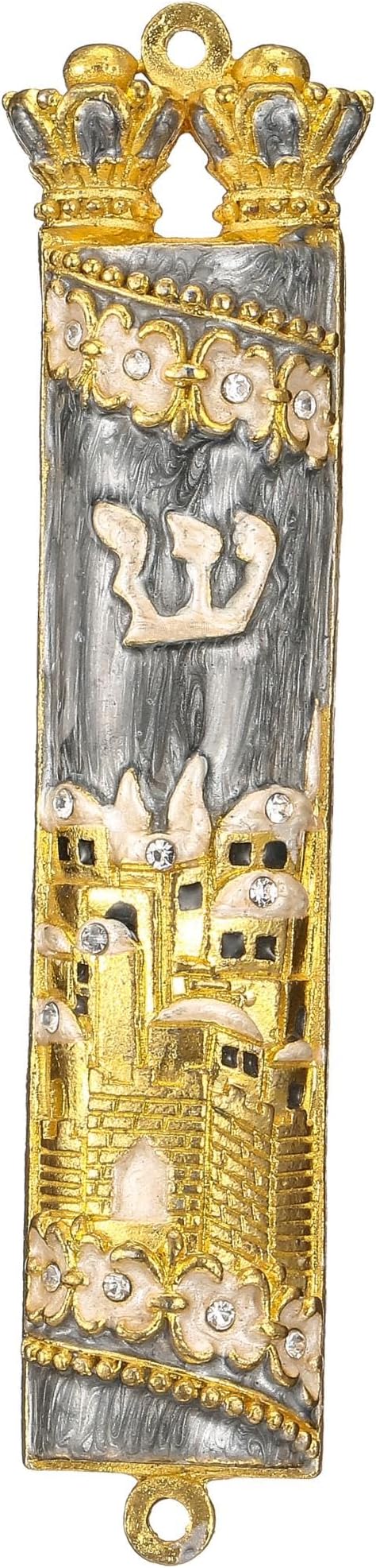 Matashi Mezuzah for Door with Scroll Hand Painted Grey & Gold Enamel | Mezuzah Case w/ Torah Crown & Jerusalem City Skyline Embellished w/Blue Crystals, Jewish Home Decor, Housewarming Judaica