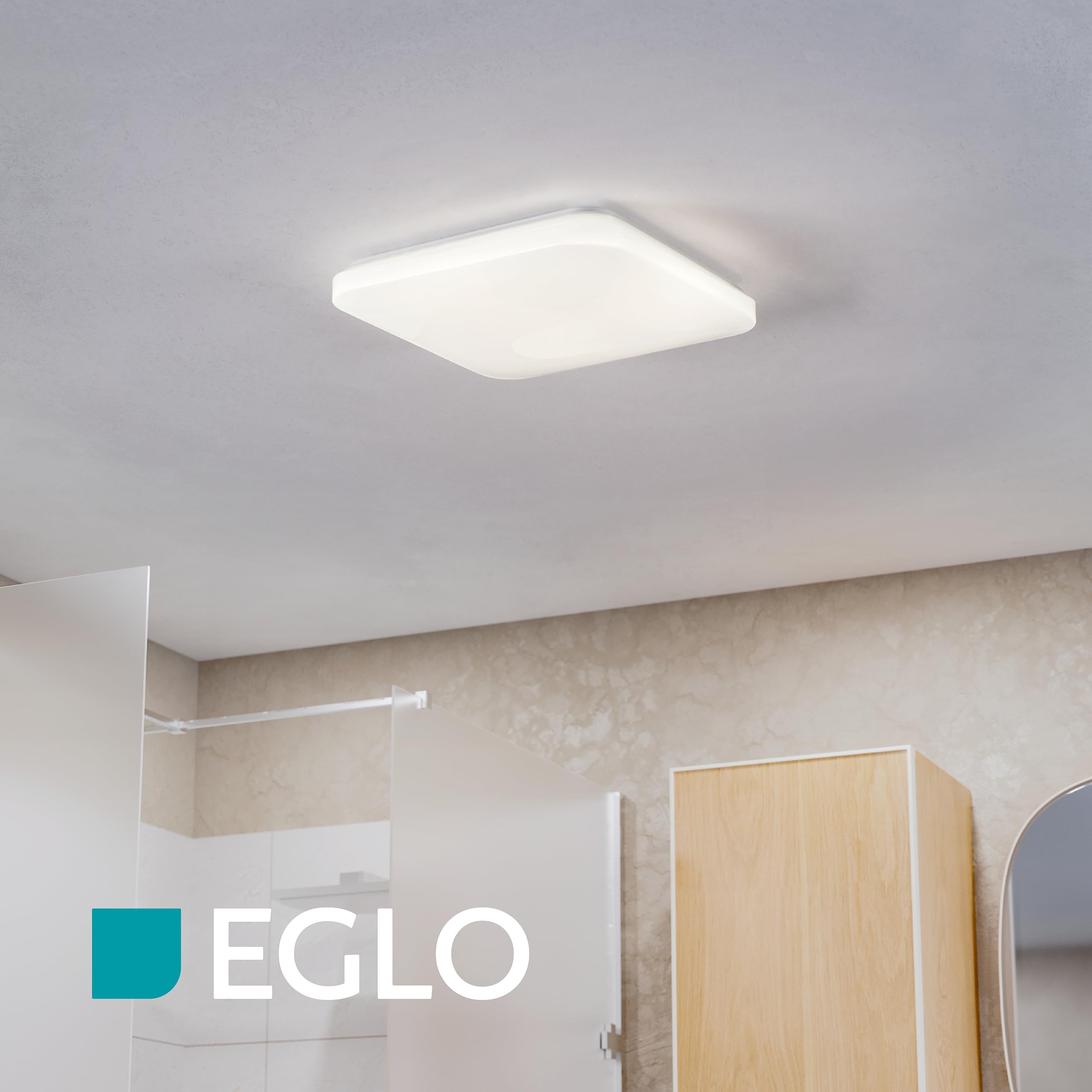 Eglo Frania-IP Lámpara de techo LED, para baño, fabricada en metal y plástico de color blanco, con luz blanca cálida, neutra y fría, protección IP44 y unas medidas de 33 × cm