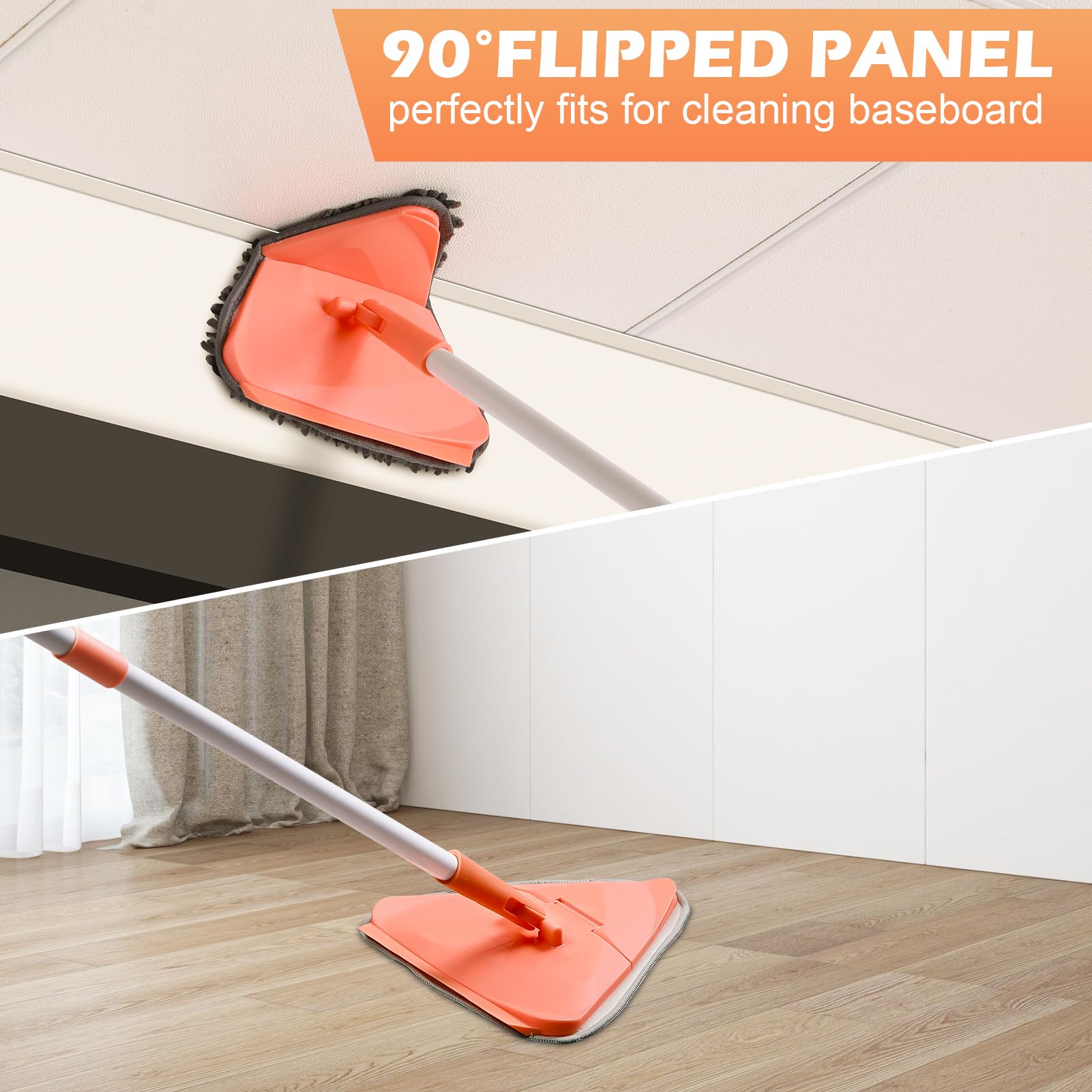 RONSUNG Mopa limpiadora de pared con mango extensible de 82 pulgadas, trapeador triangular multisuperficie con 6 almohadillas reutilizables para limpieza de techo, pared, zócalo, suelo y ventanas