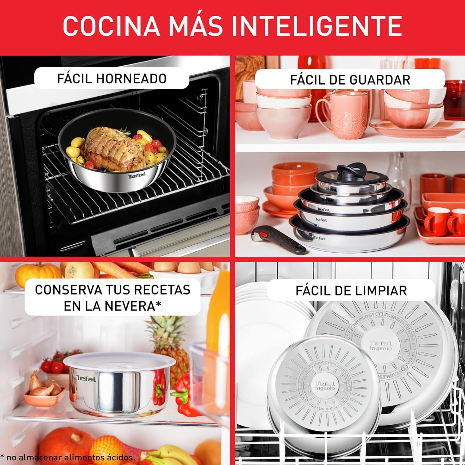 Tefal Ingenio Emotion - Juego de 3 sartenes 22/24/28 cm + Mango Extraíble, Acero Inoxidable, Sin Revestimiento, Apto inducción, horno y lavavajillas