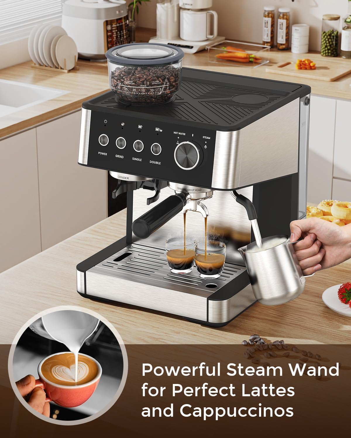 Cafetera Superautomática, Cafetera Automatica con Molinillo Incorporado-2 Cafés, Espumador de Leche Manual, Espresso y Cappuccino, Panel de Control con Botones,30 Ajustes de Molienda,Depósito de 2.3 L | Máquina de espresso