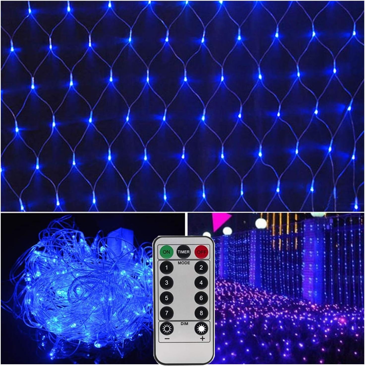 Blue Net Lights Christmas,Outdoor Decorative Mesh Lights with Remote,Drama Opera Wedding Party Background Light,9.8ft x 6.6ft,200 LEDs,8 Modes,Dimmable-Powered by 3 X Type D Batteries(Not Included)