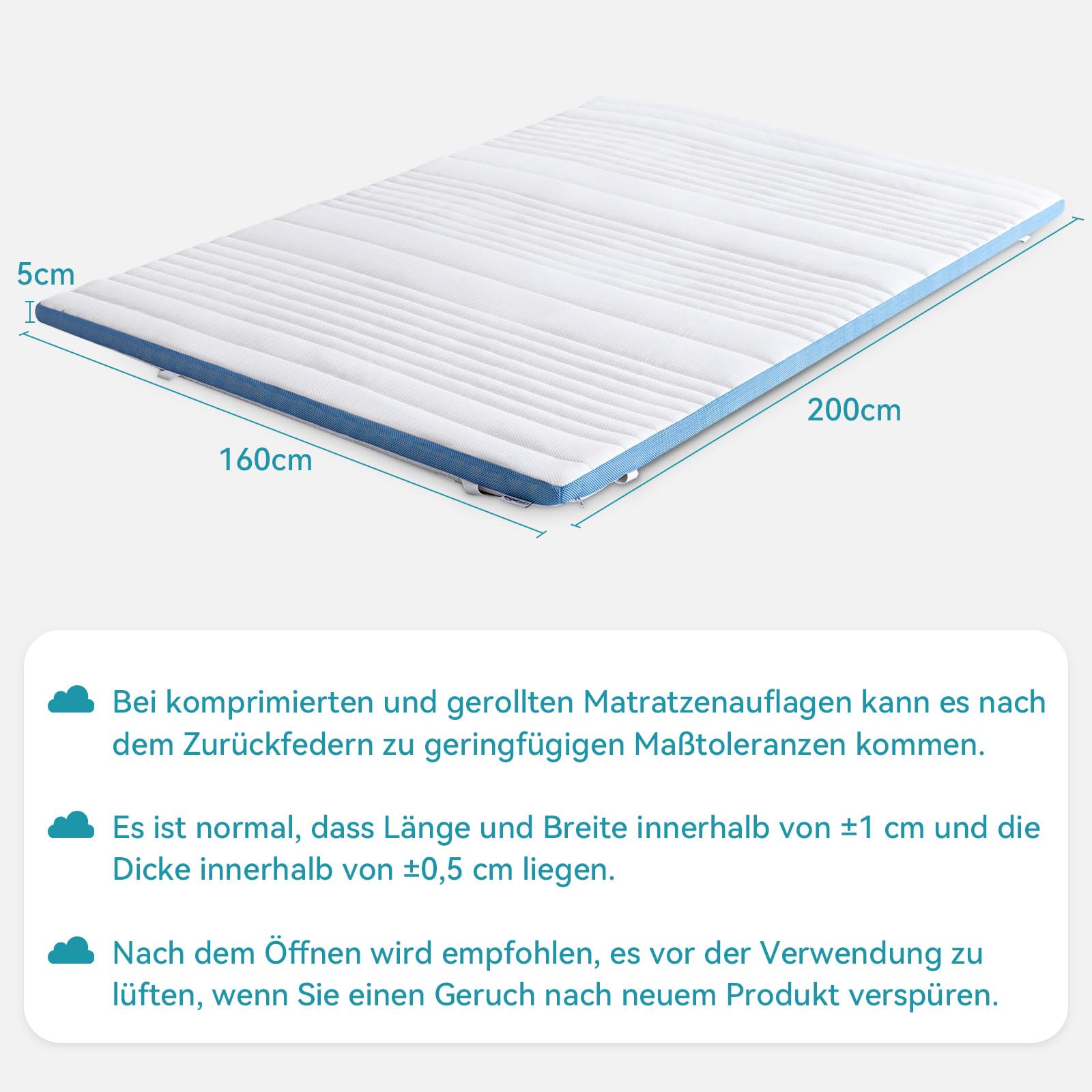 Amazon Basics Memoryschaum Matratzenauflage mit Bändern, 160 x 200 cm, 5 cm Höhe, weiß – Ansicht 10