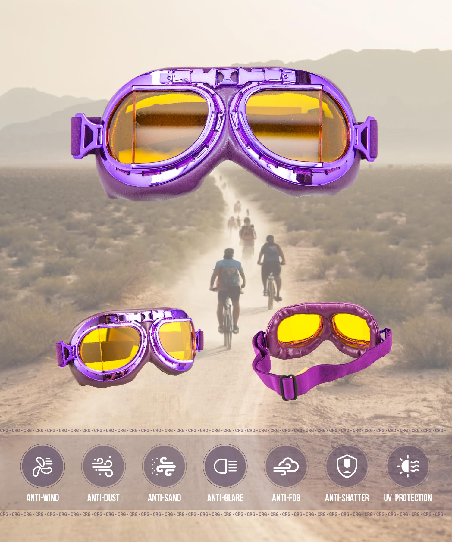 CRG Sports Vintage Aviator Pilot Style Motorcycle Cruiser Scooter Goggle T08 T08ZYZ - Parent (Purple frame Yellow lens)