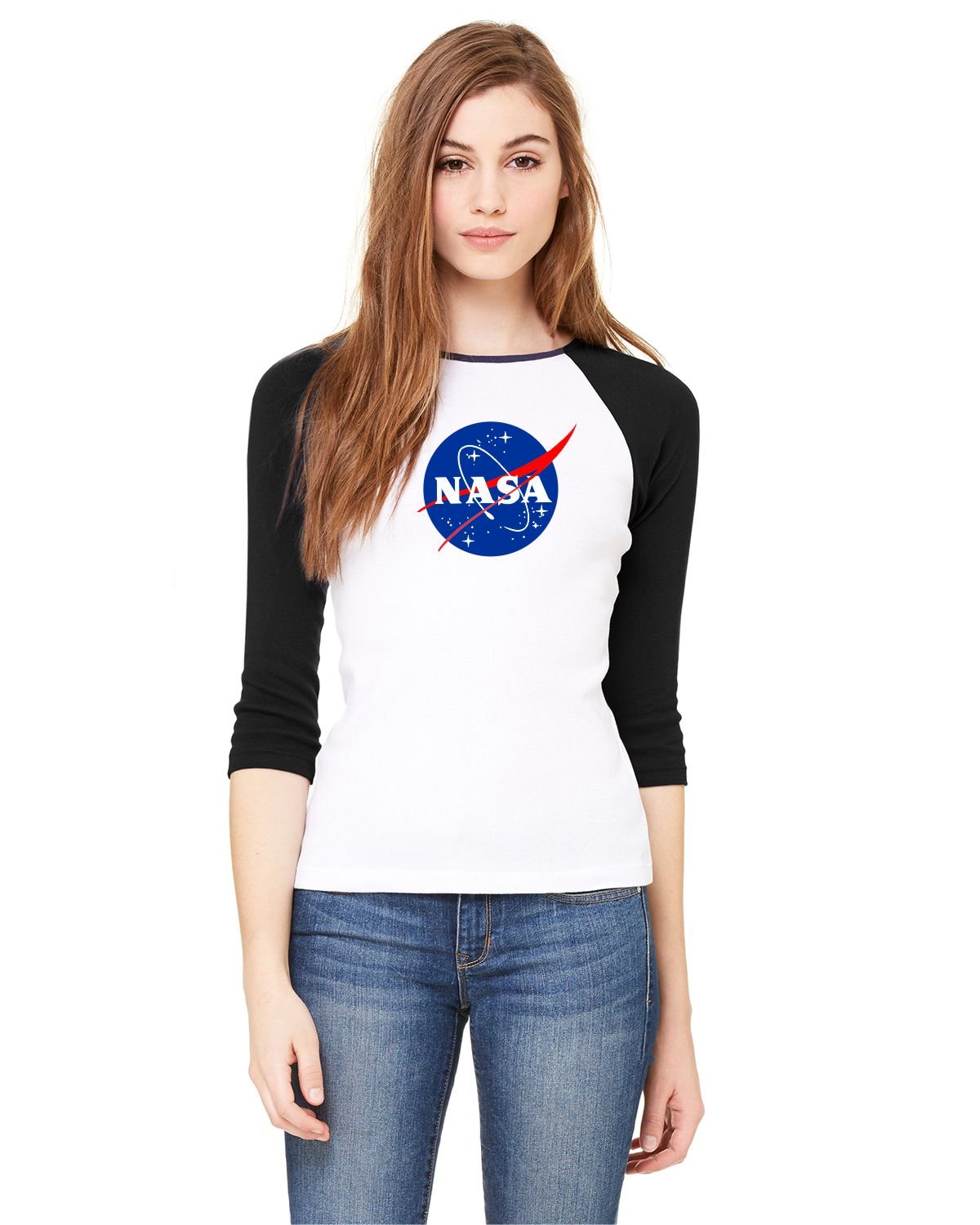 NASA Meatball Logo Ladies Baby Rib 3/4-Sleeve Contrast Raglan T-Shirt Space Shuttle Rocket Science Geek Women Tee (2X-Large, White/Black)