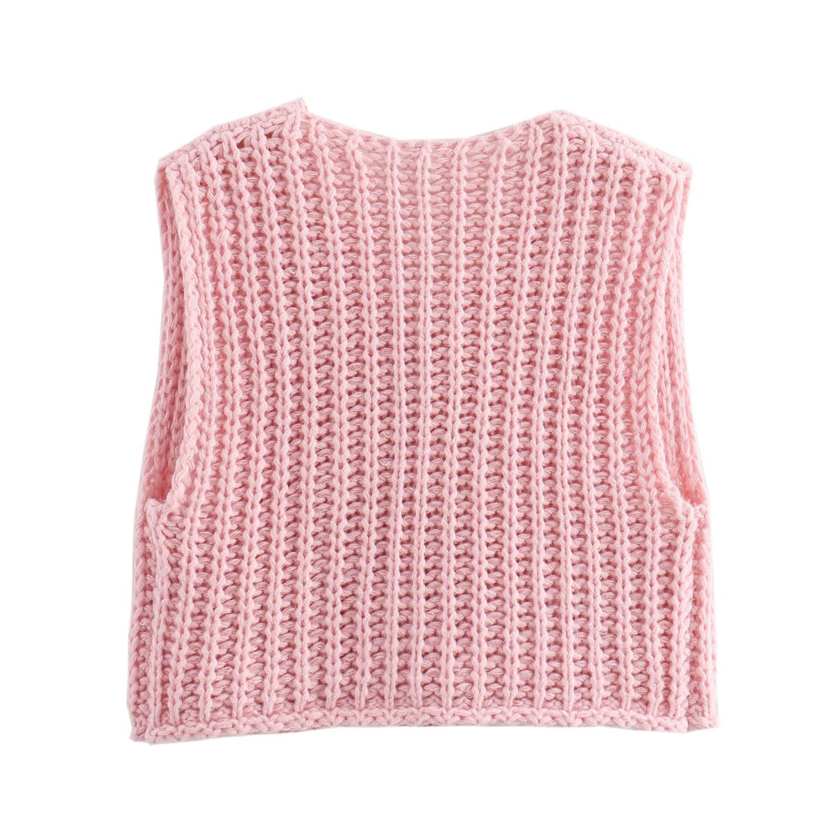 Womens Cardigan Maglione Vest Uncinetto Chunky Maglia Top Senza Maniche Pulsante Giù Crop Tops con Tasche