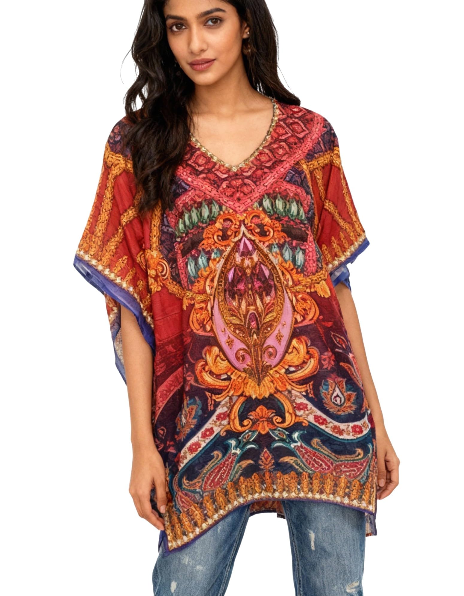 Women's Bohemian Premium Georgette Kaftan Tunic Top, V-Neck Batwing Sleeve, Digital Printed Beach Cover Up, Floral Paisley Pattern, Loose Fit Casual Poncho Style-image-6