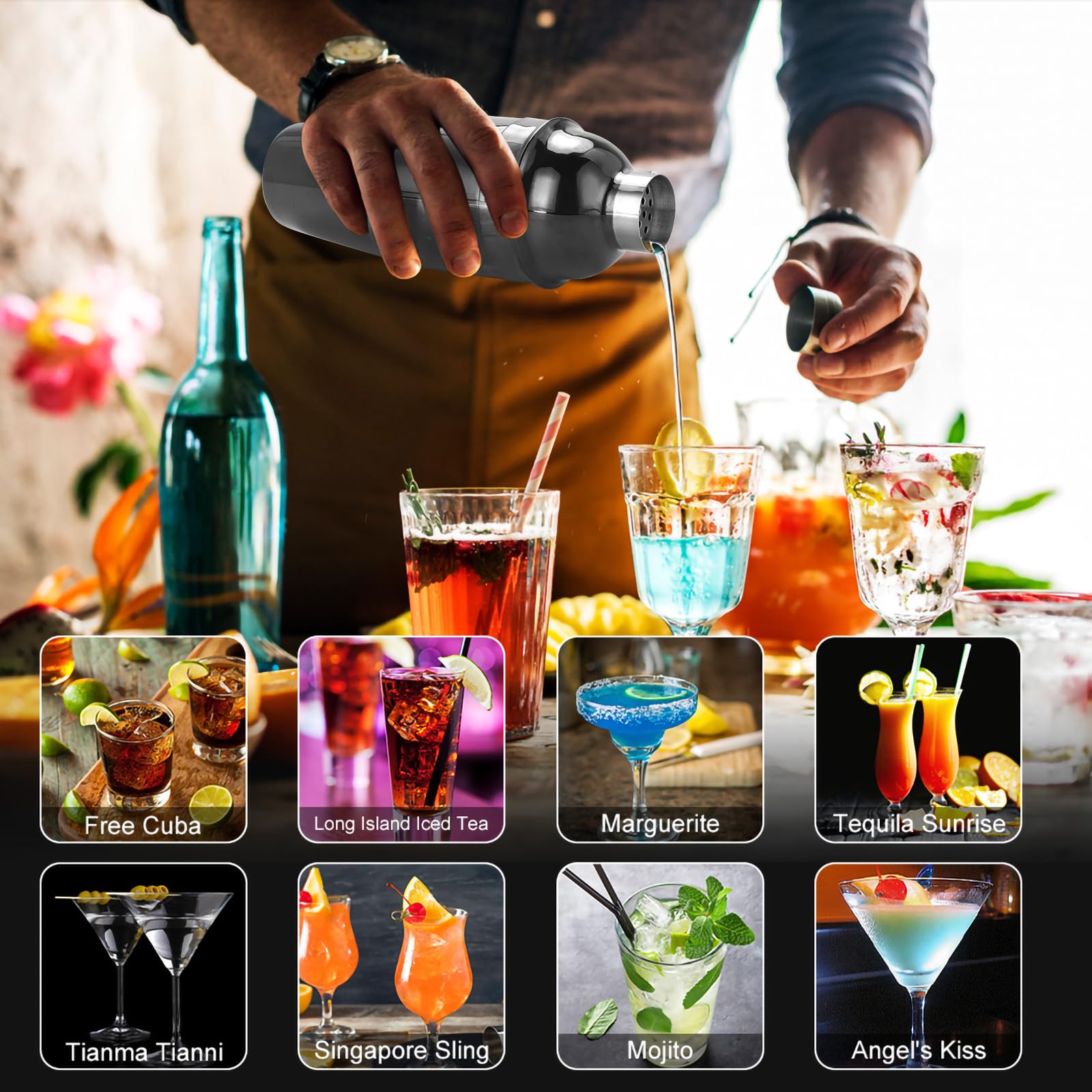 KINGROW Mixology - Set di shaker per cocktail, kit completo da 29 pezzi per barista e strumenti da bar con supporto rotante in acrilico, set professionale da bar per mescolare bevande, casa, bar,