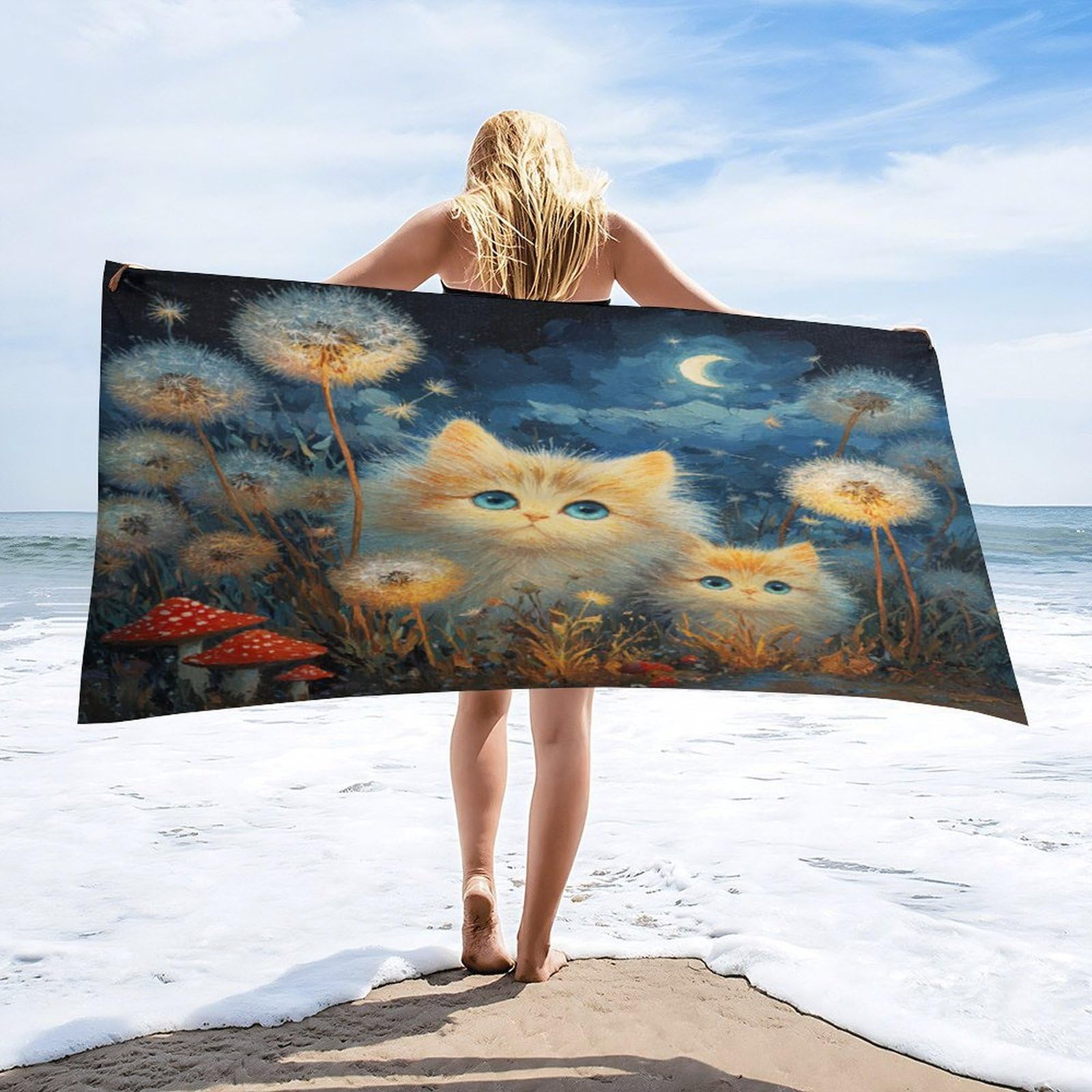 Luyysky Beautiful Realistic Cute Cat Absorbent Beach Towel, Rustic Vintage Starry Sky Galaxy Dandelion Mushroom Animals Kitten Outdoor Single-Sided Velvet Beach Towel-80 W Cm X 160" L Cm