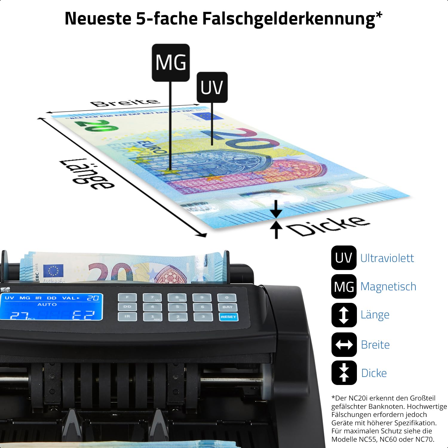 ZZap NC20i Banknotenzähler & Falschgeld-Detektor - Geldzählmaschine Geldzähler Banknotenzählmaschine