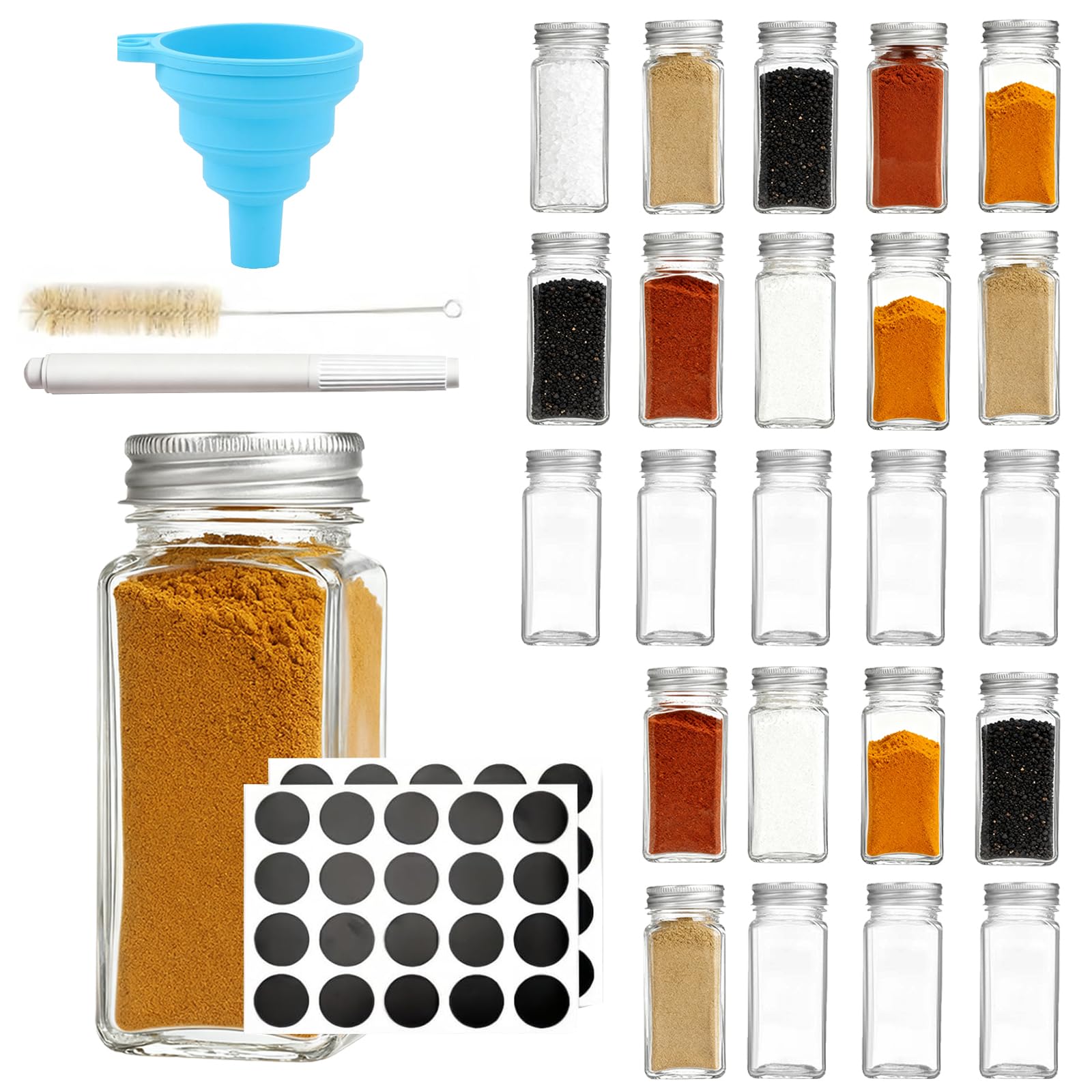 Meetoz Transparent Glass Spice Jars With Spice Labels, 4Oz Square Empty Spice Bottles, Equipped With Shaker Lids And Airtight Metal Caps, Ideal For Organizing Spices And Seasoning Sets (24 Pcs)