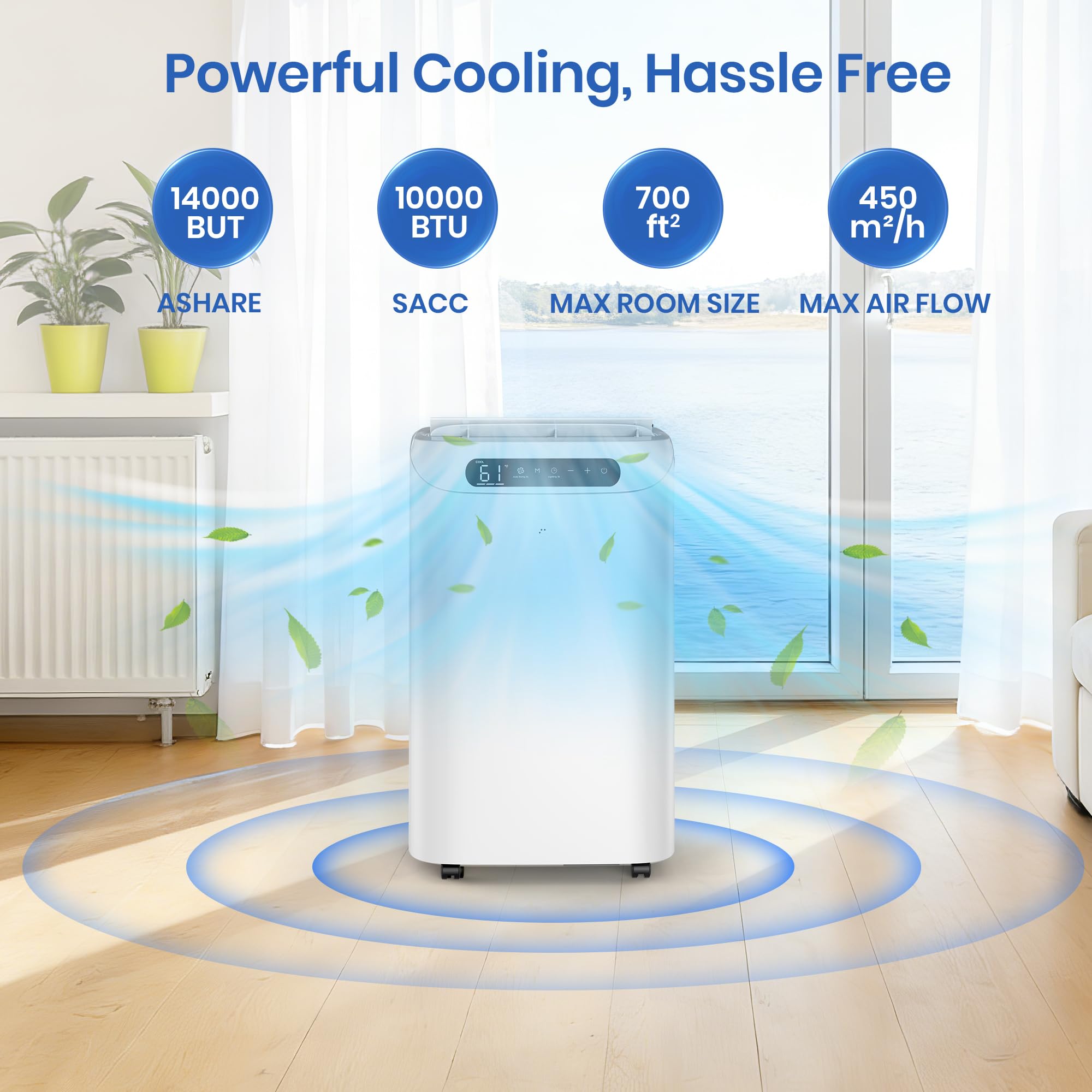 14000 BTU Tragbare Klimageräte für Raumkühlung bis zu 700 Sq.Ft, 3-in-1 Leise Tragbare AC Einheit mit Luftentfeuchter Ventilator, Fernbedienung, Smart Sleep Modus, 24H Timer, Windows Kit enthalten