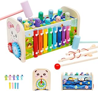Nukdey Wooden Hammer Toy 7 in 1 Pounding Bench with Fishing | Xylophone | Moving Gears | Clock | Toy| Mallet Pegs Pound and Tap Toys Montessori Musical Toys Best Gift for 3+ Toddler Kids Boys Girls