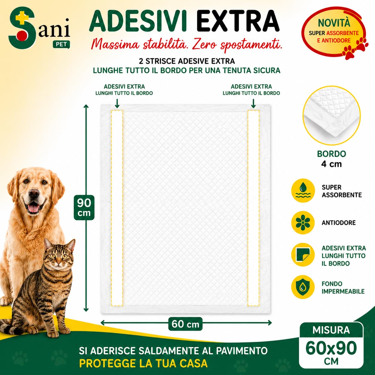 SANI PET Traverse Assorbenti 60x90 cm 100 Pezzi | Tappetini Igienici per Cani e Gatti | Adesivi Extra Lunghi | Antiodore | Fondo Impermeabile