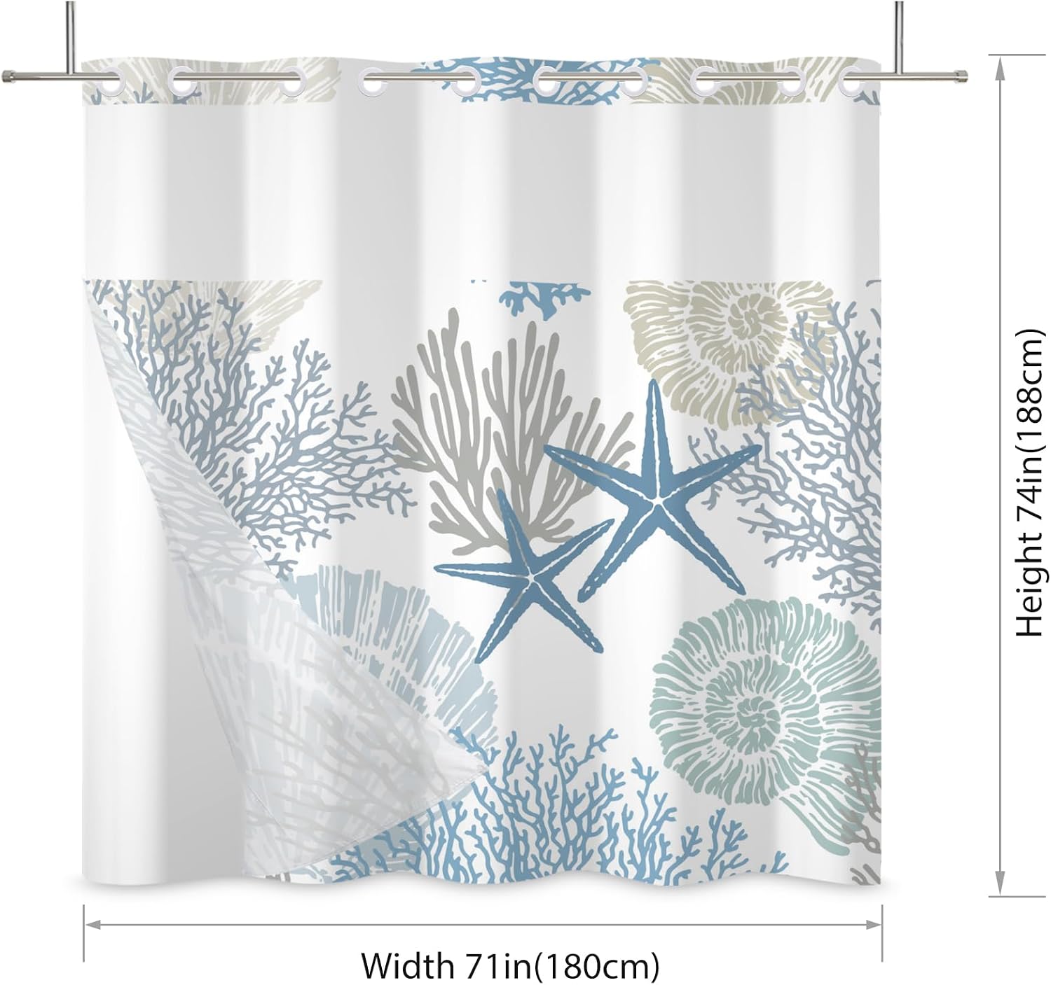 No Hook Shower Curtain,Nautical Double-Layered Shower Curtain with Snap-in Liner and Weights,Starfish Coral Ocean Beach Fabric Bath Curtain with See Through Mesh, 71x74in