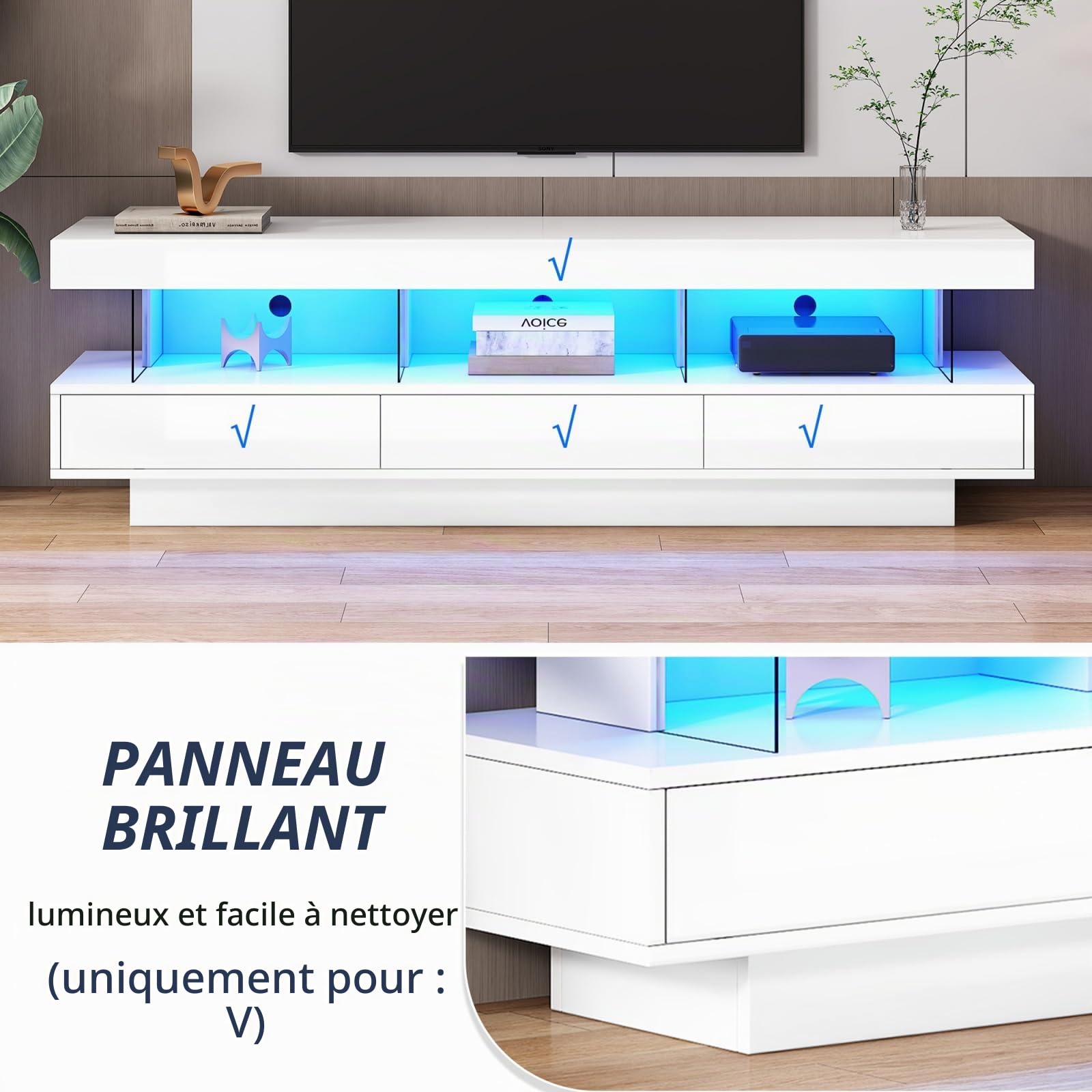 YEHTOKHOME Meuble TV LED 160 cm, Meuble TV avec 3 Tiroir, 3 Étagères en Verre, LED RGB Contrôlable par App Bluetooth, Supporte Télé 70 Pouces, Style Moderne pour Salon (Blanc-1)