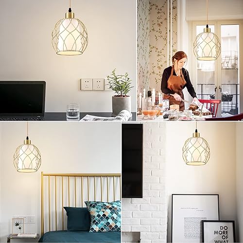 Miniatura 7 de Lámpara colgante enchufable, lámpara colgante dorada con interruptor regulable, cable de algodón dorado de 15 pies, lámpara colgante para cocina,