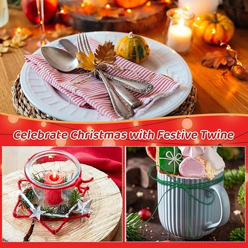 Miniatura 6 de Vivifying - Cuerda de Navidad de 328 pies x 3 rollos, 2 mm, color rojo, verde, marrón, de yute, para envolver regalos y manualidades DIY, cuerda