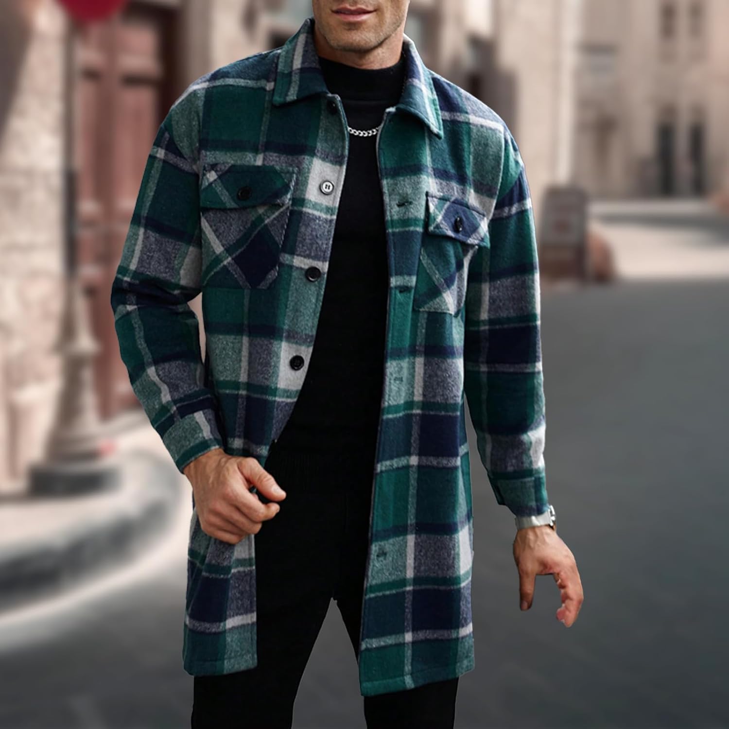 Plaid Mens Jacket Big and Tall Button-Front Fleece with Double Pocket Warm Comfy Fall Winter Casual Coat - Image 2