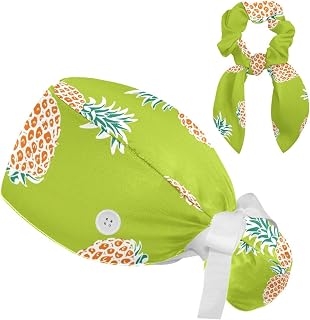 2 Pieces Surgical Cap for Long Hair Scrub Cap with Hairband Nurse Cap, Fruit Pineapple Floral