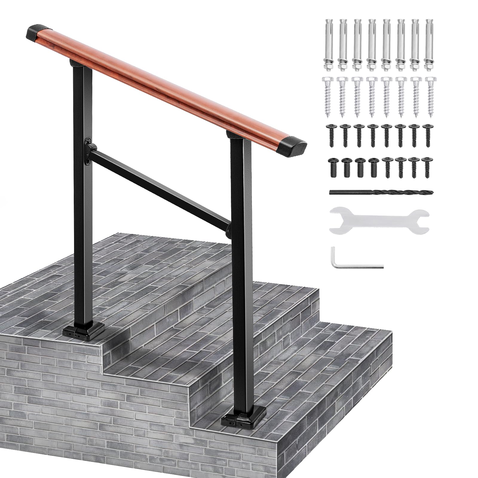 2 to 3 Steps Outdoor Handrails Imitation Wood Grain with Installation Kit Steel Metal Hand Railing for Porch/Concrete/Wooden Steps Fits…