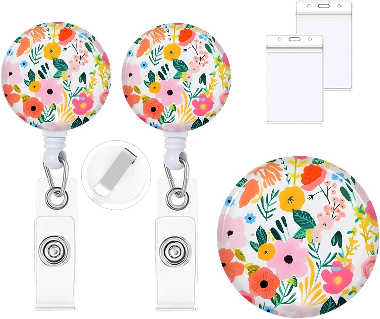 2Pcs Flower Badge Reels with Vertical Clear Plastic ID Card Holders (2.5" x 3.7") Retractable Name Tag ID Clip Holder Nursing Student RN Pediatric Teacher Office Work Accessories 19 Flower 19