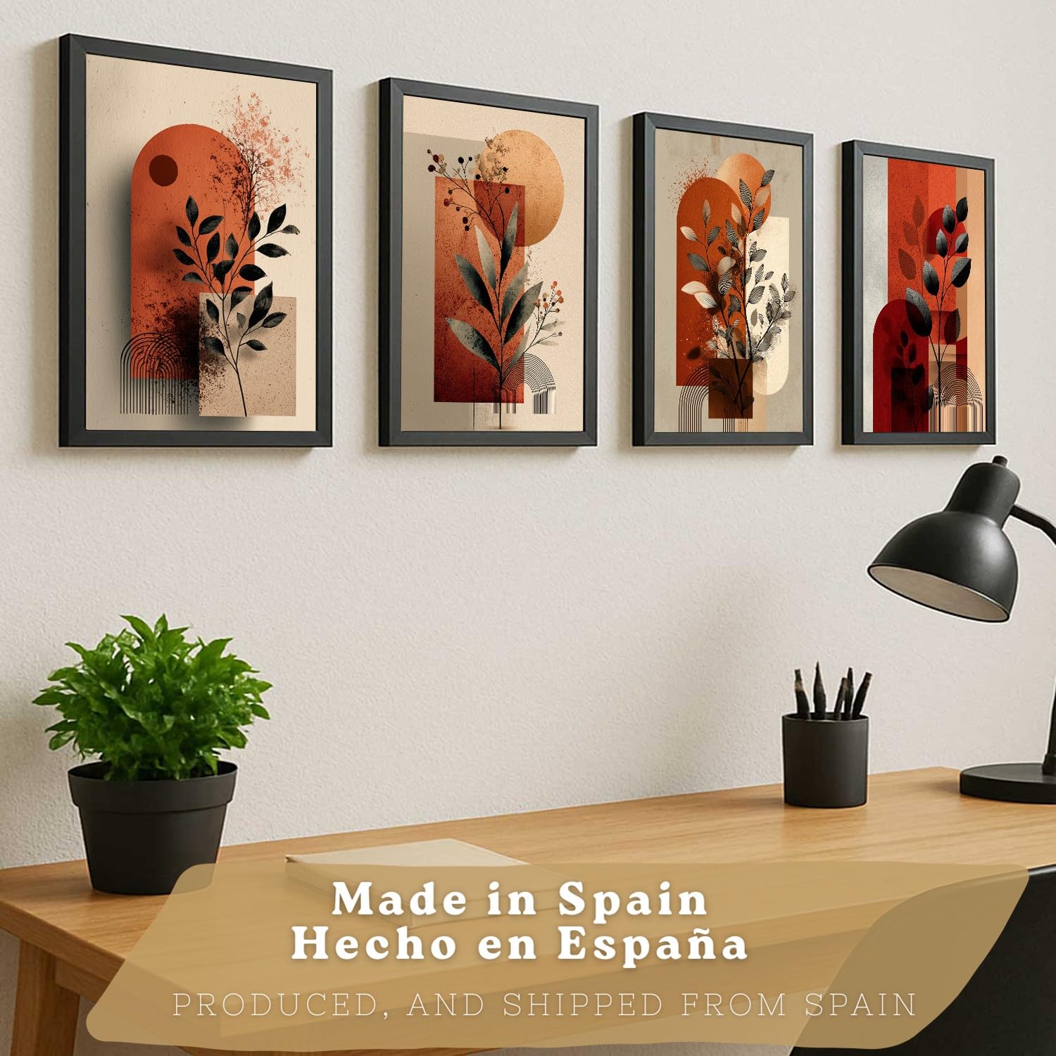 Nacnic Set De 4 Laminas Decorativas Flores Abstractas Cuadros Salon Modernos - Posters Decorativos Rojos Naranjas Decoración Dormitorios Cocina Baño A4 Black Frame