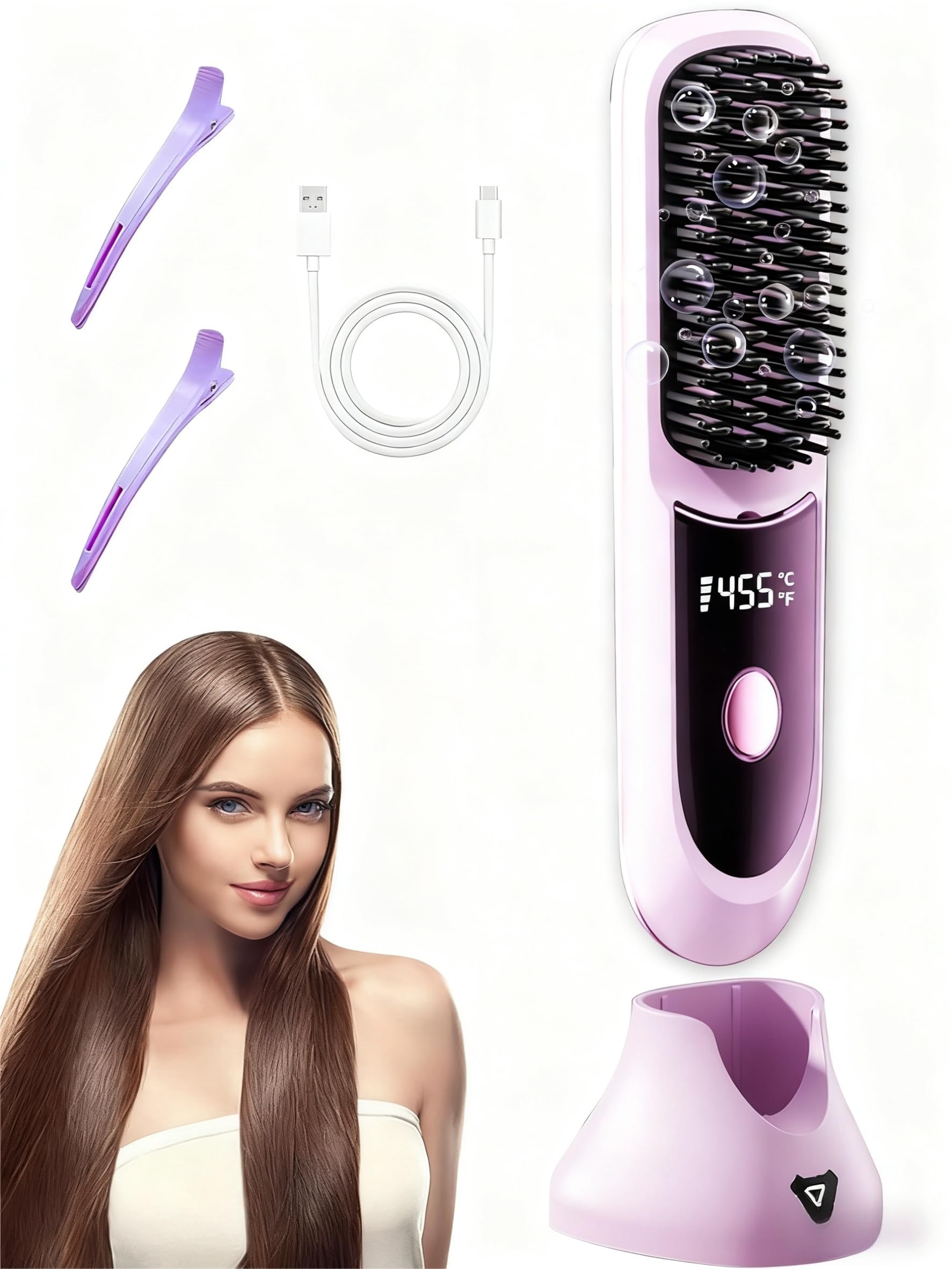 Go Brush Pro Fer à lisser – Peigne sans fil avec ion négatif, chauffage rapide 6000 mAh et design de voyage portable, brosse rechargeable pour lisser et boucler (violet, 1 pièce)
