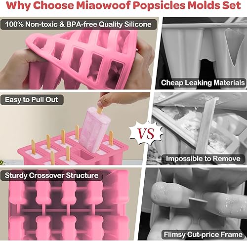 Miniatura 3 de Miaowoof Moldes caseros para paletas, 10 cavidades de silicona sin BPA para hacer paletas heladas, con 50 palitos, 50 bolsas, 10 palitos