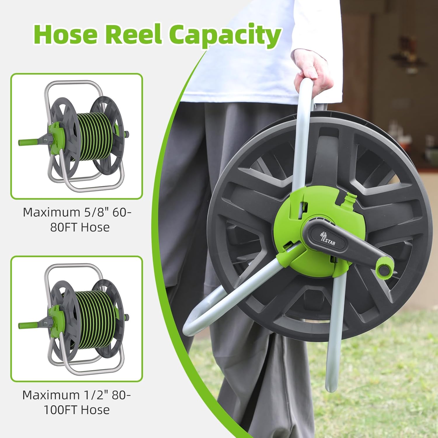 Condition photo showing New/Like New for water hose reel cart, holds 60-80 ft of 5/8 inch hose, green wall mounted garden hose cart, portable hose reel for convenient storage and watering