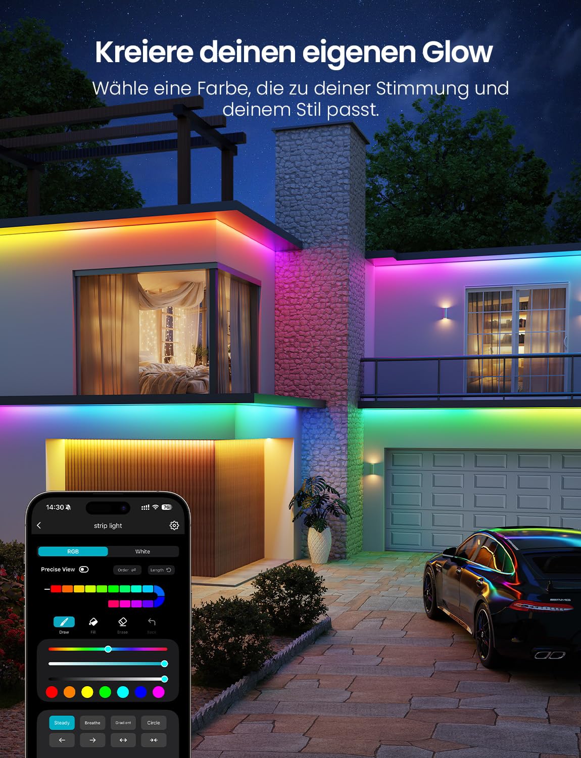 Lepro AI Smart LED Strip SW1, 5m, RGBCW, IP65, für außen, Musik-Sync, WLAN | KI-Lichtdesigner und Foto-zu-Licht erzeugen persönliche Farben; IP65 schützt den 5m LED Strip im Außenbereich; im Alltag.